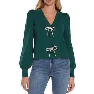 Women's Express Bow Cardigan V-neck Sweater Long Sleeves June Bug Dark Green 2XL